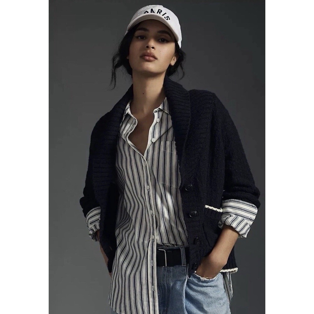 Maeve Anthropologie RARE Navy Blue Shawl Collar Seahorse Cardigan Size XL